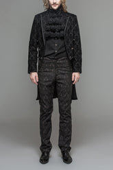 Black Gothic Floral Patterned Flocking Short Front And Long Back Open Mens Coat